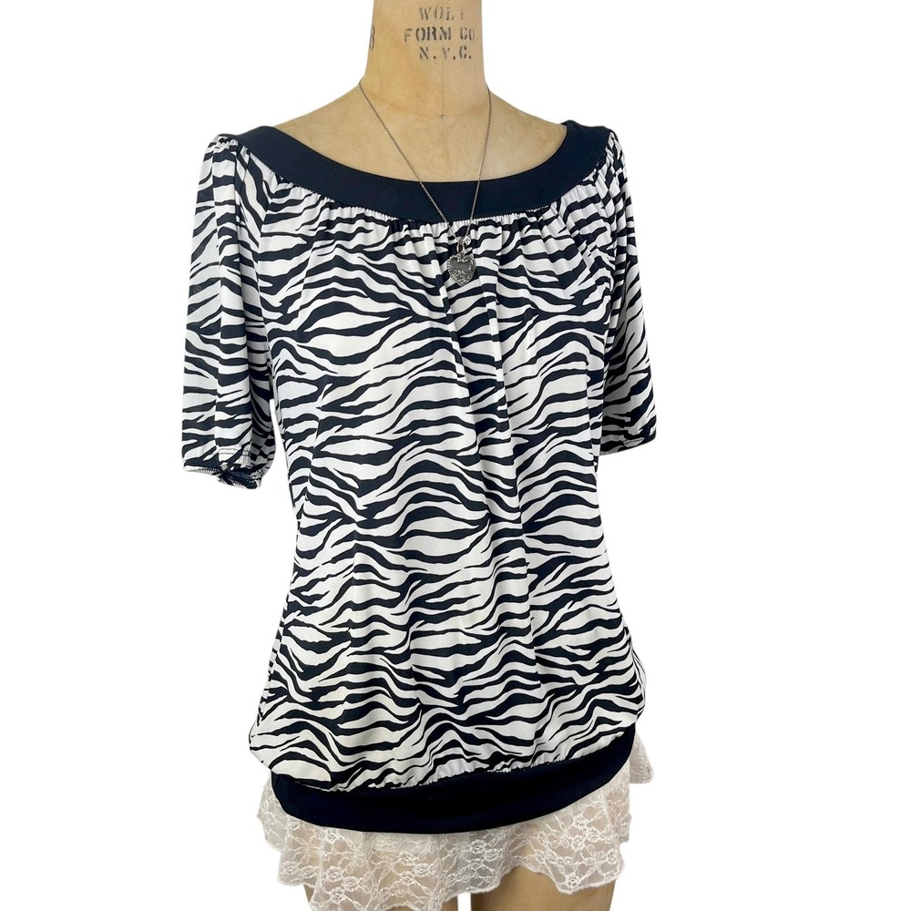 Y2K‎ 2000's Blouse Zebra Print Banded Hem Womens M/L Mob Wife Retro Indie Party - Picture 2 of 6